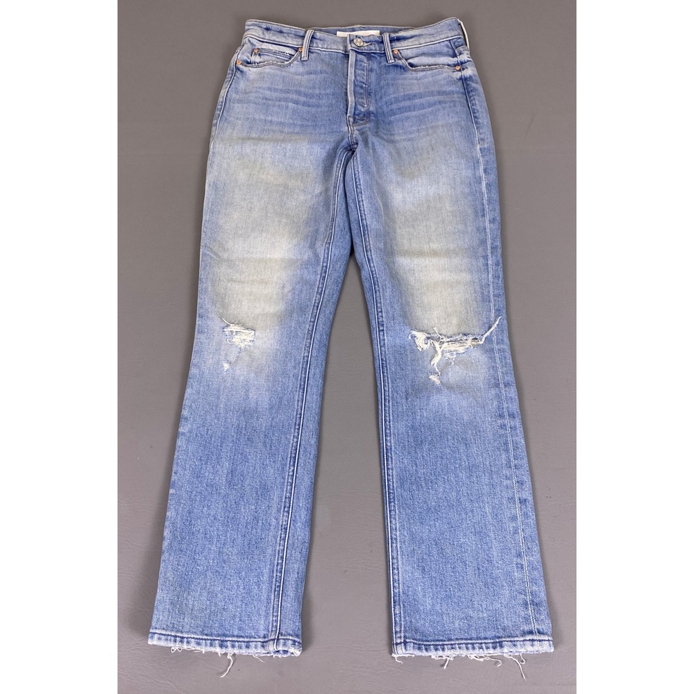 MOTHER Straight Leg Jeans in Light Blue with Distressed Knees